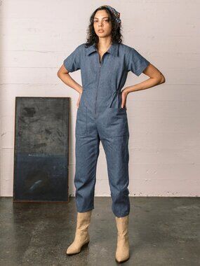 Noble X Denim Utility Suit Jumpsuit Zip Front Short Sleeve Blue M